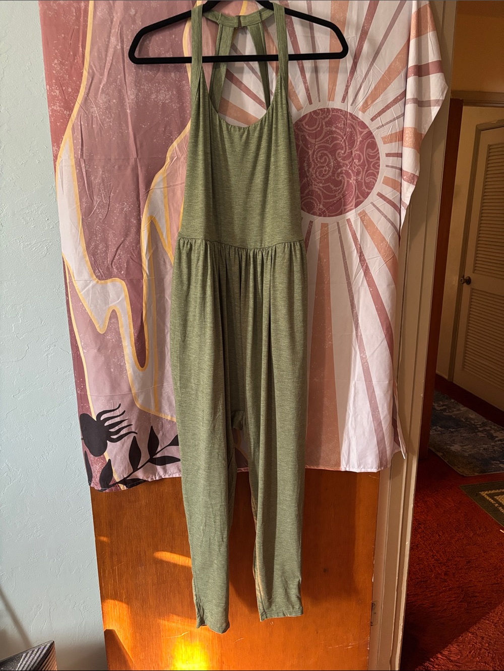 HALARA size L Olive Green Sleeveless Halter Jumpsuit open back detailing